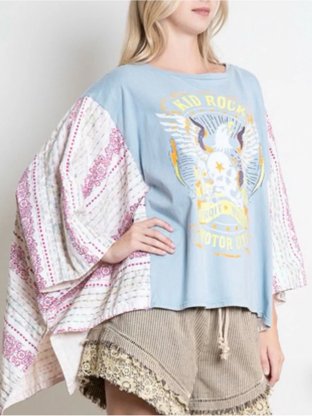 Blue Velvet Kid Rock Eagle Poncho Top T-Shirt Graphic Print Tee Relaxed L/XL